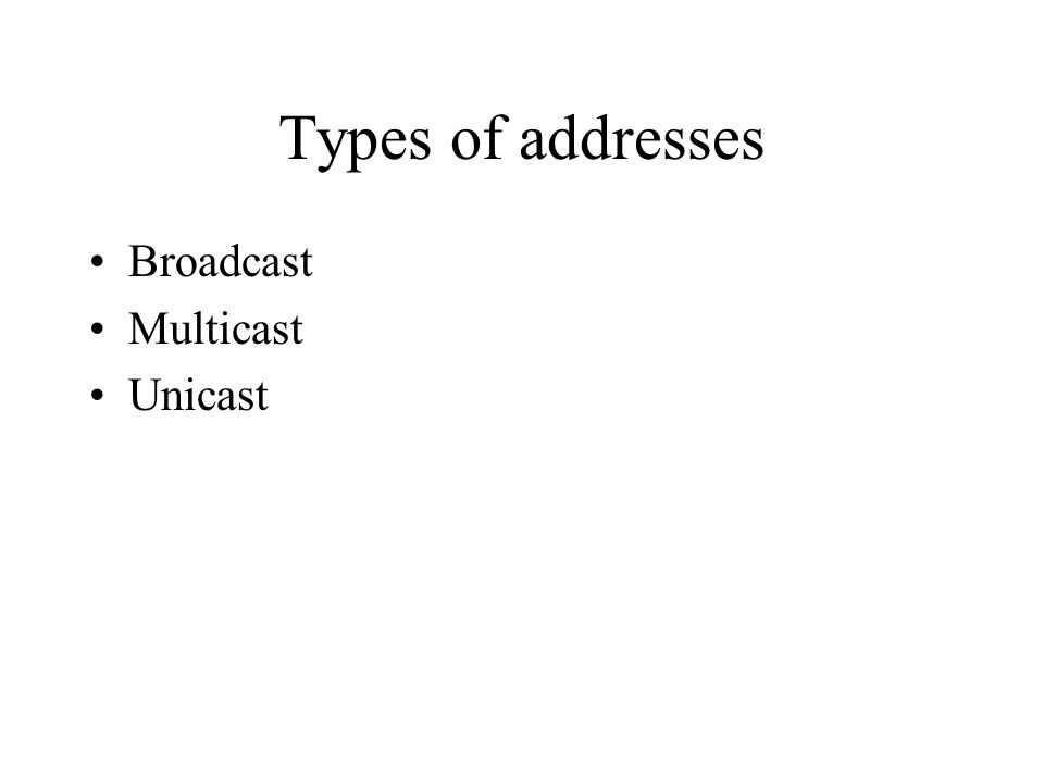 Types of addresses Broadcast Multicast Unicast