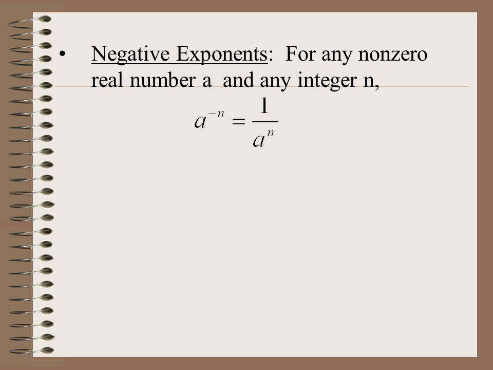Negative Exponents: For any nonzero real number a and any integer n,