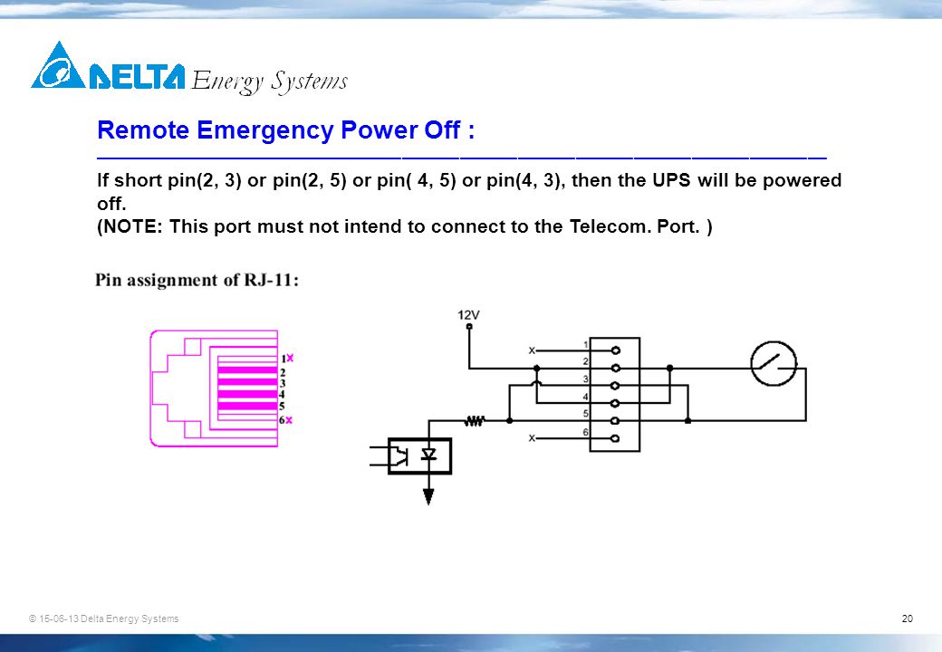 © Delta Energy Systems20 Remote Emergency Power Off : —————————————————————————————————————— If short pin(2, 3) or pin(2, 5) or pin( 4, 5) or pin(4, 3), then the UPS will be powered off.