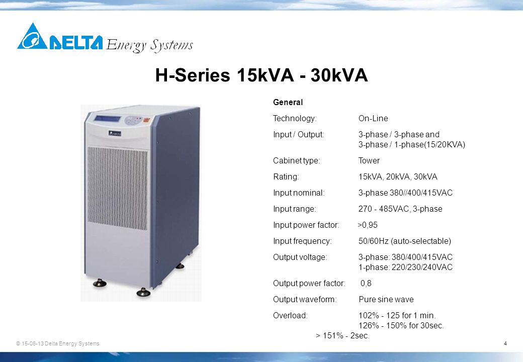 © Delta Energy Systems4 H-Series 15kVA - 30kVA General Technology:On-Line Input / Output:3-phase / 3-phase and 3-phase / 1-phase(15/20KVA) Cabinet type:Tower Rating:15kVA, 20kVA, 30kVA Input nominal:3-phase 380//400/415VAC Input range: VAC, 3-phase Input power factor: >0,95 Input frequency:50/60Hz (auto-selectable) Output voltage:3-phase: 380/400/415VAC 1-phase: 220/230/240VAC Output power factor: 0,8 Output waveform:Pure sine wave Overload:102% for 1 min.