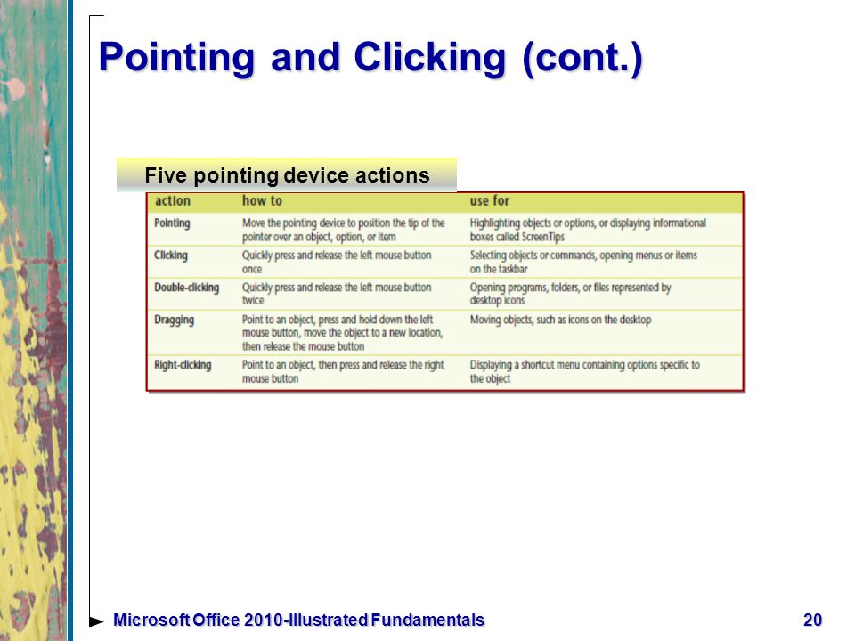 Pointing and Clicking (cont.) 20Microsoft Office 2010-Illustrated Fundamentals Five pointing device actions