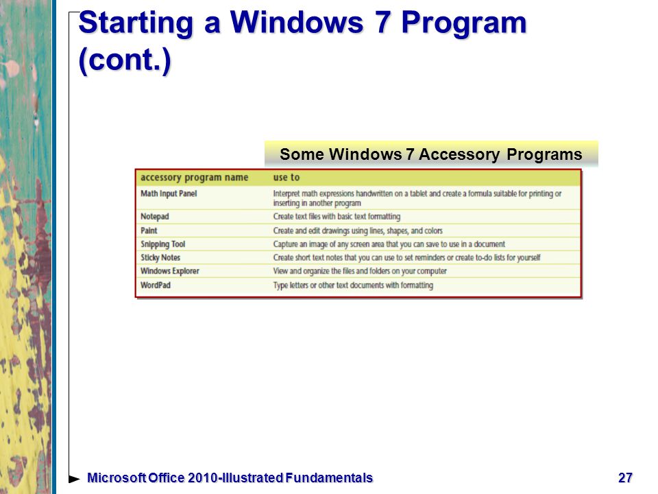 Starting a Windows 7 Program (cont.) 27Microsoft Office 2010-Illustrated Fundamentals Some Windows 7 Accessory Programs
