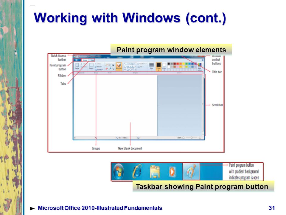 Working with Windows (cont.) 31Microsoft Office 2010-Illustrated Fundamentals Paint program window elements Taskbar showing Paint program button
