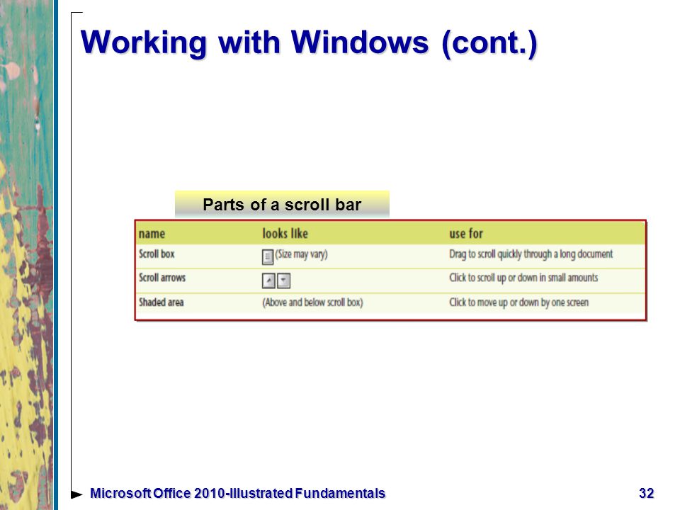 Working with Windows (cont.) 32Microsoft Office 2010-Illustrated Fundamentals Parts of a scroll bar