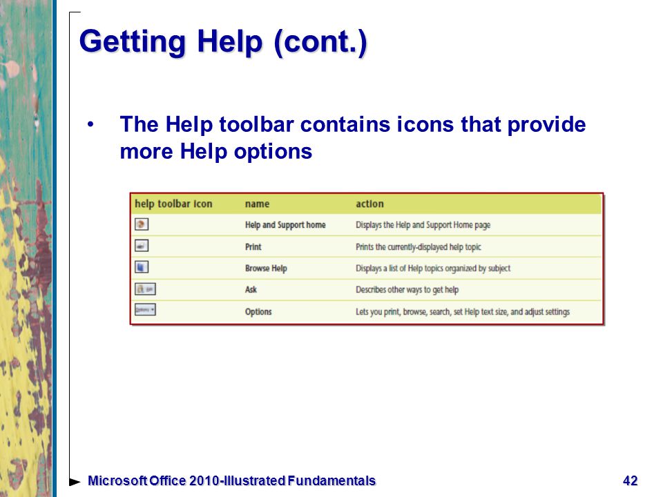 Getting Help (cont.) The Help toolbar contains icons that provide more Help options 42Microsoft Office 2010-Illustrated Fundamentals