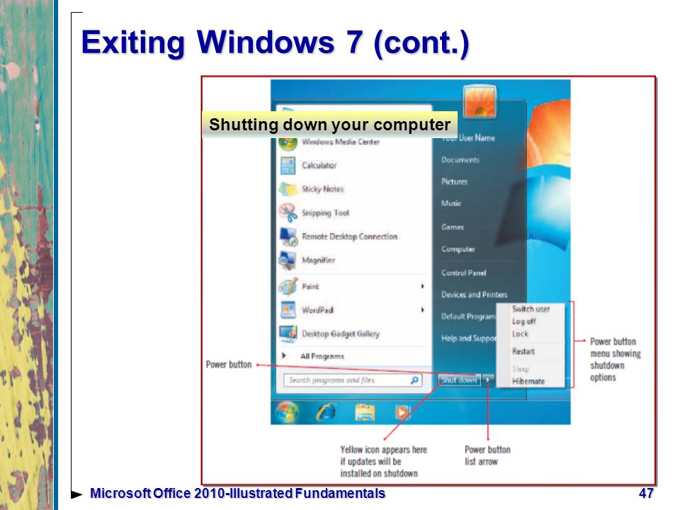 Exiting Windows 7 (cont.) 47Microsoft Office 2010-Illustrated Fundamentals Shutting down your computer