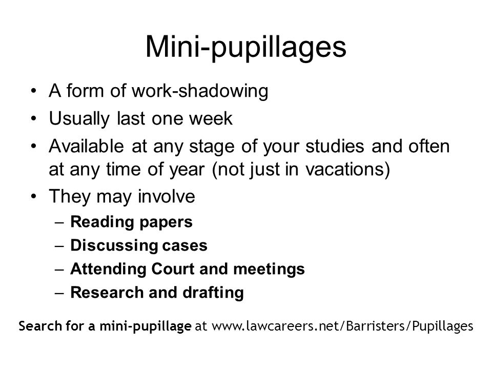 Mini-pupillages A form of work-shadowing Usually last one week Available at any stage of your studies and often at any time of year (not just in vacations) They may involve –Reading papers –Discussing cases –Attending Court and meetings –Research and drafting Search for a mini-pupillage at