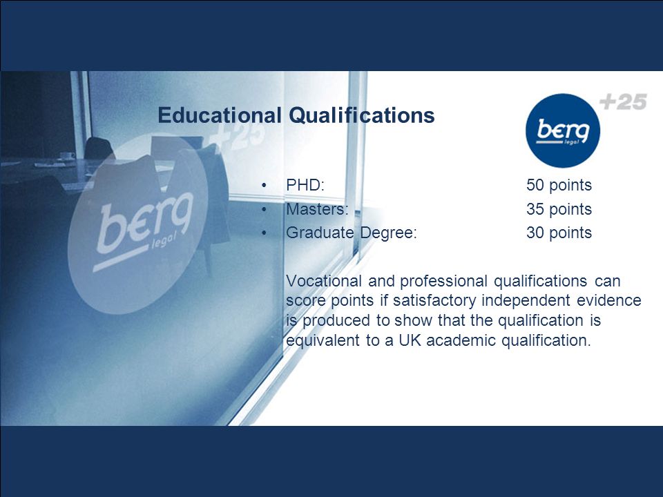 Educational Qualifications PHD:50 points Masters:35 points Graduate Degree:30 points Vocational and professional qualifications can score points if satisfactory independent evidence is produced to show that the qualification is equivalent to a UK academic qualification.
