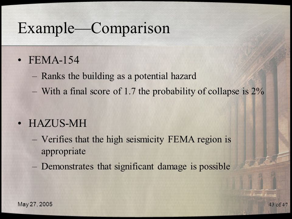 of 47 May 27, Example—Comparison FEMA-154 –Ranks the building as a potential hazard –With a final score of 1.7 the probability of collapse is 2% HAZUS-MH –Verifies that the high seismicity FEMA region is appropriate –Demonstrates that significant damage is possible