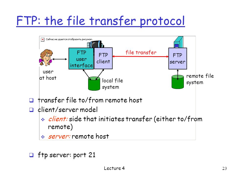 FTP: the file transfer protocol  transfer file to/from remote host  client/server model  client: side that initiates transfer (either to/from remote)  server: remote host  ftp server: port 21 file transfer FTP server FTP user interface FTP client local file system remote file system user at host Lecture 4 23