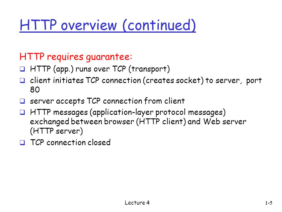 HTTP overview (continued) HTTP requires guarantee:  HTTP (app.) runs over TCP (transport)  client initiates TCP connection (creates socket) to server, port 80  server accepts TCP connection from client  HTTP messages (application-layer protocol messages) exchanged between browser (HTTP client) and Web server (HTTP server)  TCP connection closed 1-5 Lecture 4