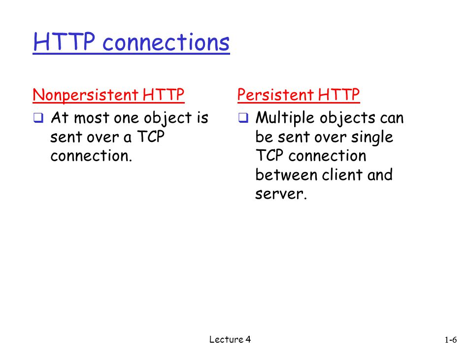 HTTP connections Nonpersistent HTTP  At most one object is sent over a TCP connection.