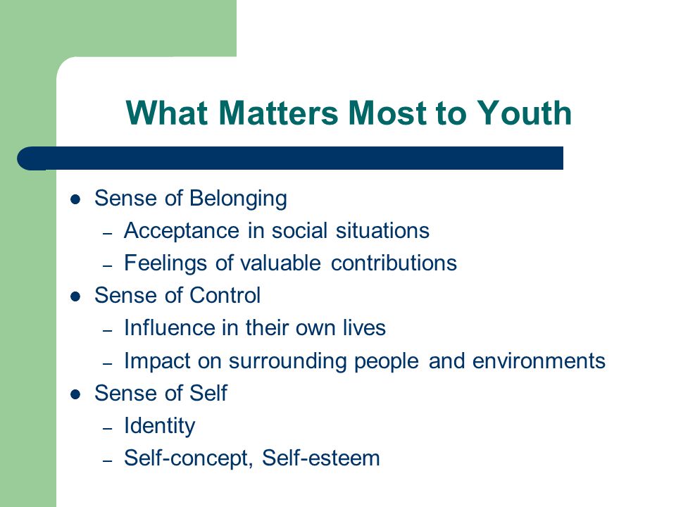 What Matters Most to Youth Sense of Belonging – Acceptance in social situations – Feelings of valuable contributions Sense of Control – Influence in their own lives – Impact on surrounding people and environments Sense of Self – Identity – Self-concept, Self-esteem