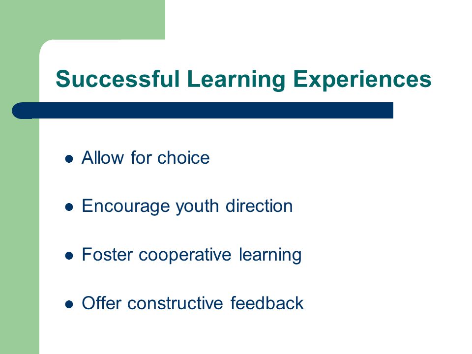 Successful Learning Experiences Allow for choice Encourage youth direction Foster cooperative learning Offer constructive feedback