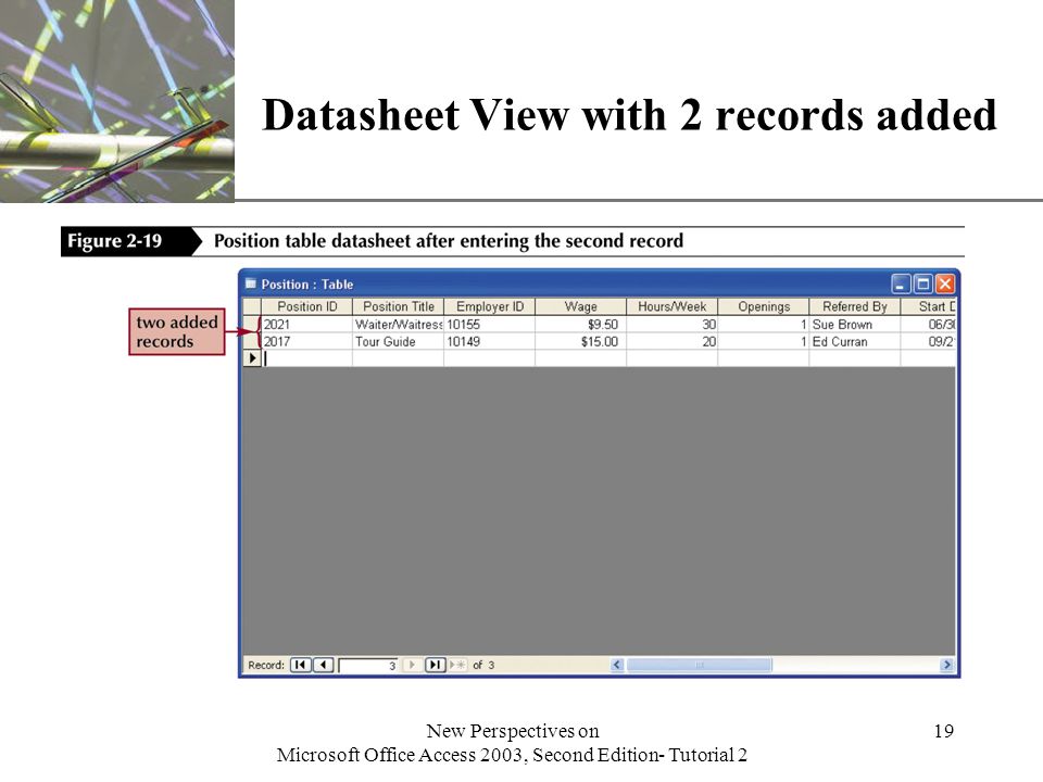 XP New Perspectives on Microsoft Office Access 2003, Second Edition- Tutorial 2 19 Datasheet View with 2 records added