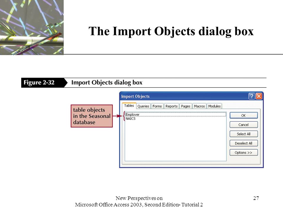 XP New Perspectives on Microsoft Office Access 2003, Second Edition- Tutorial 2 27 The Import Objects dialog box