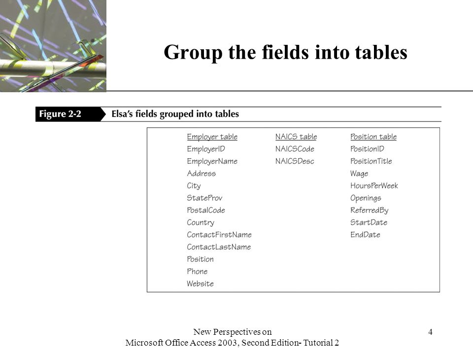 XP New Perspectives on Microsoft Office Access 2003, Second Edition- Tutorial 2 4 Group the fields into tables