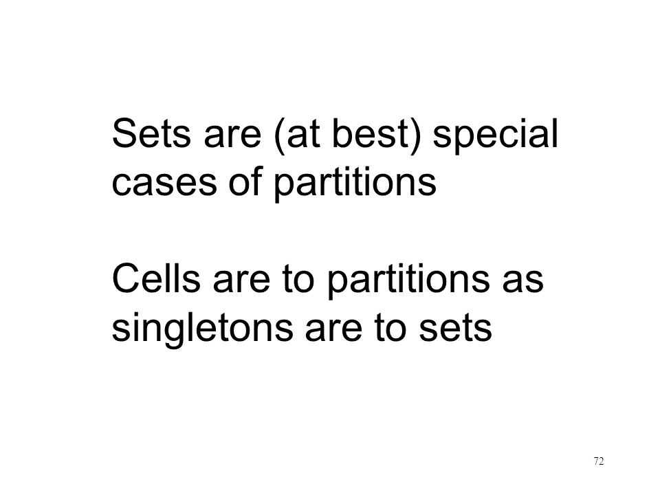 72 Defining  Sets are (at best) special cases of partitions Cells are to partitions as singletons are to sets