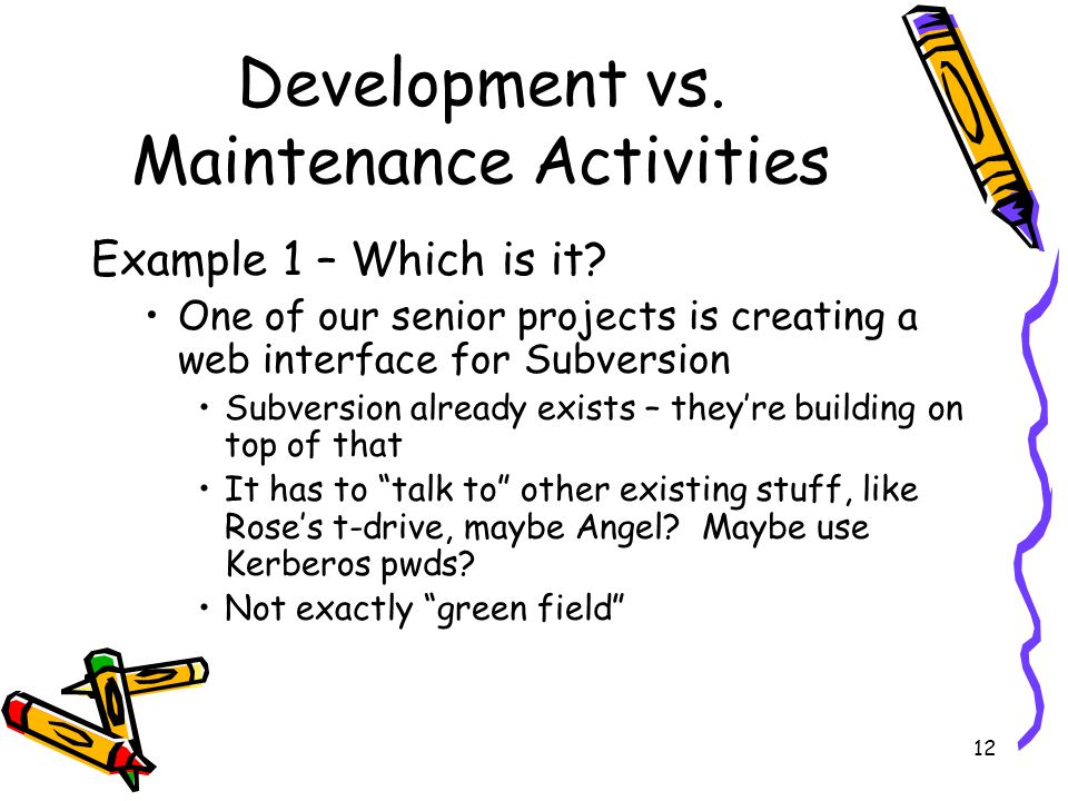 12 Development vs. Maintenance Activities Example 1 – Which is it.