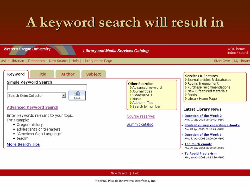 A keyword search will result in