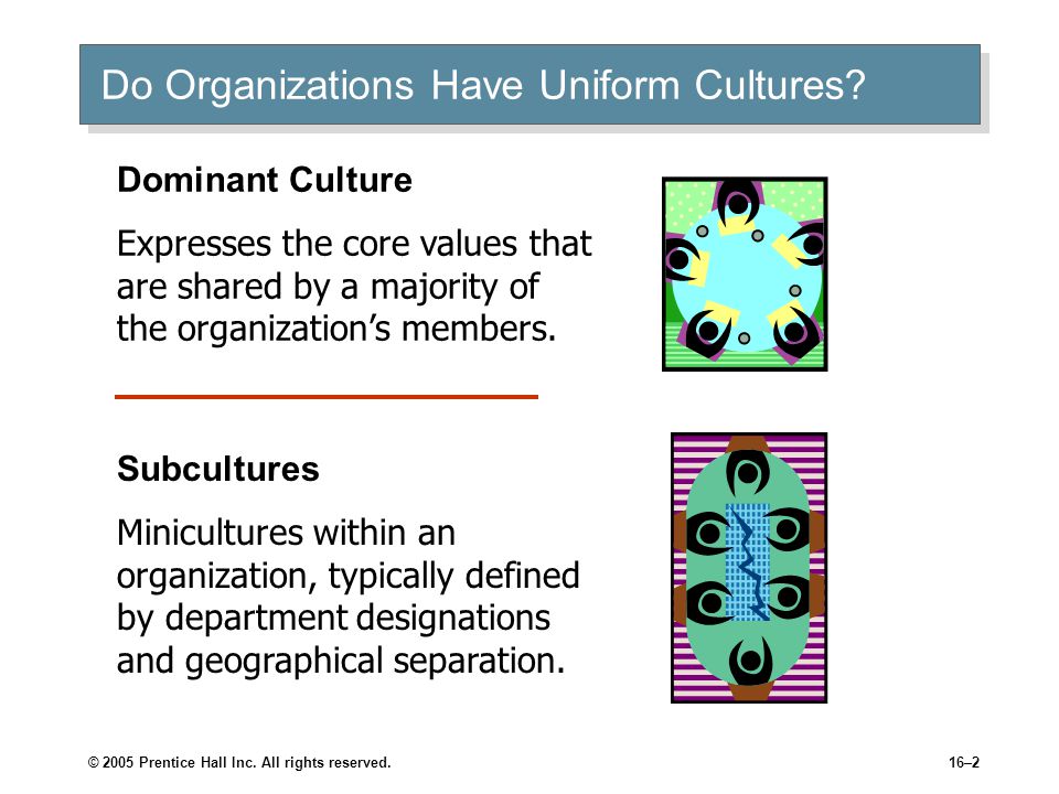 © 2005 Prentice Hall Inc. All rights reserved.16–2 Do Organizations Have Uniform Cultures.