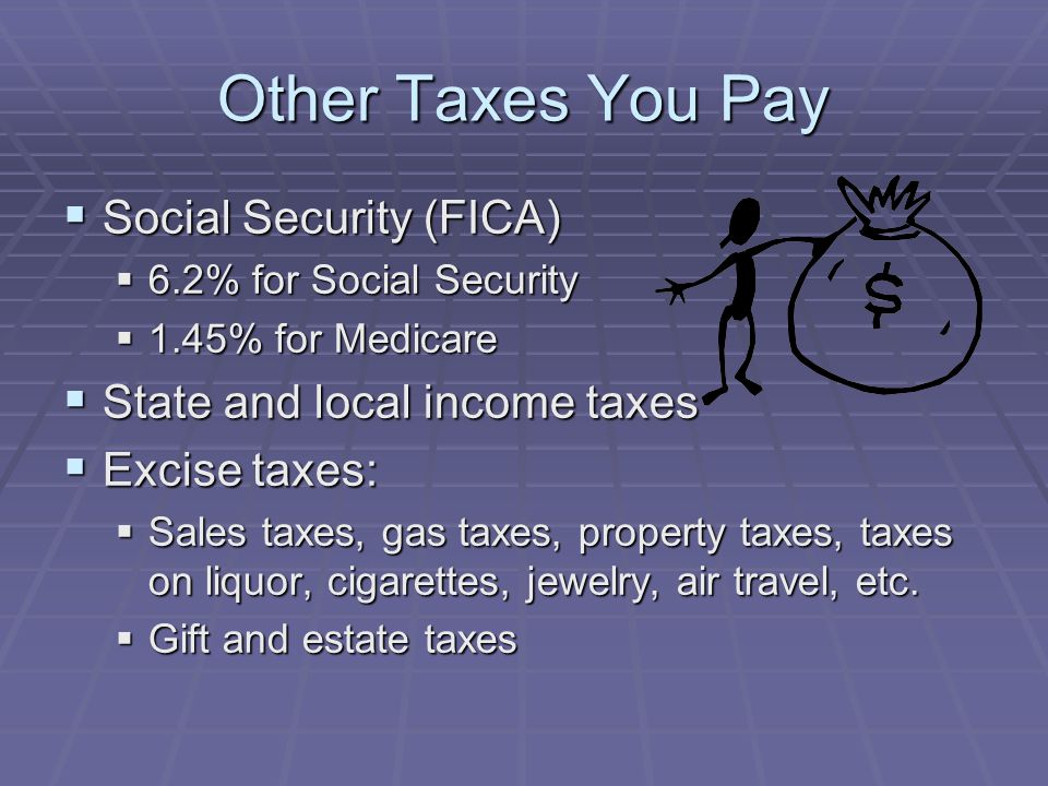 Other Taxes You Pay  Social Security (FICA)  6.2% for Social Security  1.45% for Medicare  State and local income taxes  Excise taxes:  Sales taxes, gas taxes, property taxes, taxes on liquor, cigarettes, jewelry, air travel, etc.