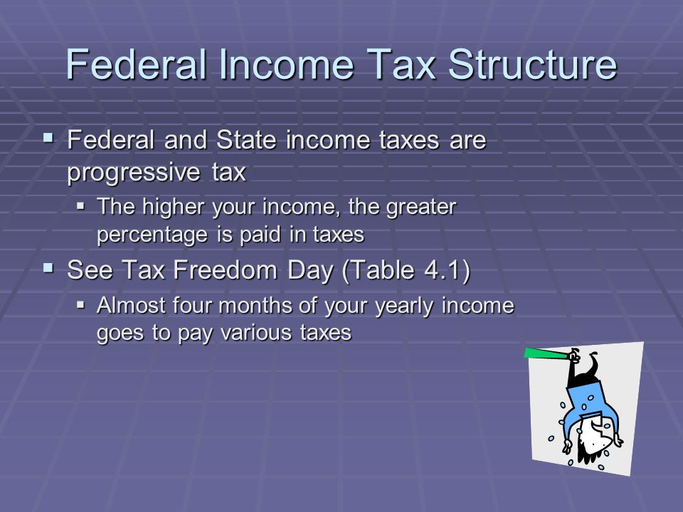 Federal Income Tax Structure  Federal and State income taxes are progressive tax  The higher your income, the greater percentage is paid in taxes  See Tax Freedom Day (Table 4.1)  Almost four months of your yearly income goes to pay various taxes