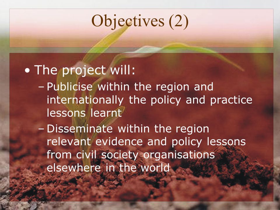 Objectives (2) The project will: –Publicise within the region and internationally the policy and practice lessons learnt –Disseminate within the region relevant evidence and policy lessons from civil society organisations elsewhere in the world