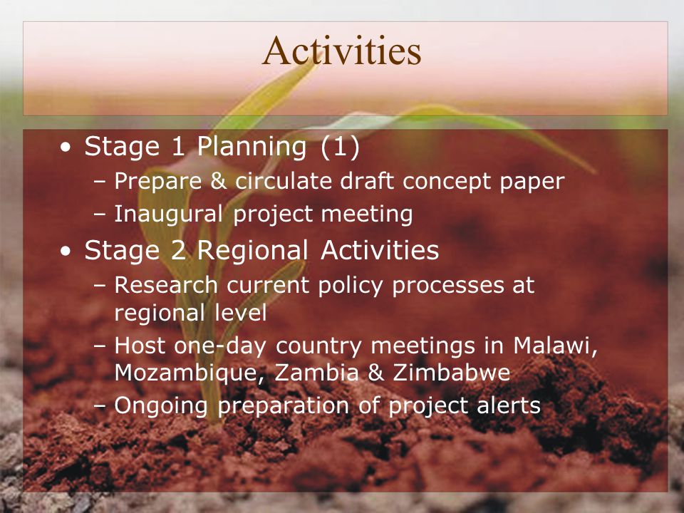 Activities Stage 1 Planning (1) –Prepare & circulate draft concept paper –Inaugural project meeting Stage 2 Regional Activities –Research current policy processes at regional level –Host one-day country meetings in Malawi, Mozambique, Zambia & Zimbabwe –Ongoing preparation of project alerts