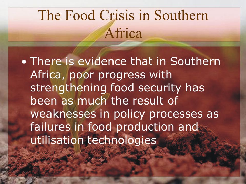 The Food Crisis in Southern Africa There is evidence that in Southern Africa, poor progress with strengthening food security has been as much the result of weaknesses in policy processes as failures in food production and utilisation technologies
