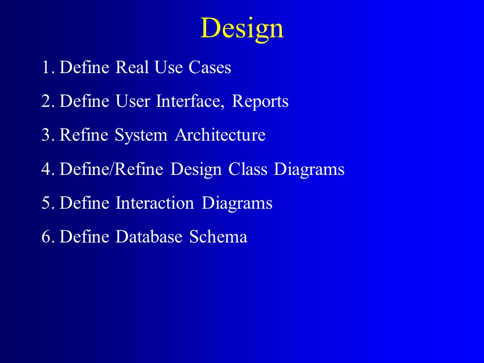 Design 1.Define Real Use Cases 2.Define User Interface, Reports 3.Refine System Architecture 4.Define/Refine Design Class Diagrams 5.Define Interaction Diagrams 6.Define Database Schema