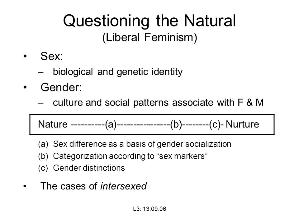 L3: Questioning the Natural (Liberal Feminism) Sex: –biological and genetic identity Gender: –culture and social patterns associate with F & M Nature (a) (b) (c)- Nurture (a)Sex difference as a basis of gender socialization (b)Categorization according to sex markers (c)Gender distinctions The cases of intersexed