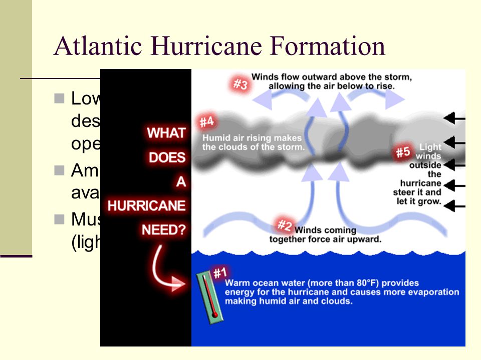 Atlantic Hurricane Formation Low pressure centers form over Sahara desert and may get amplified as they cross open ocean Amplification depends critically on SST and available moisture in the atmosphere Must also have favorable wind conditions (light winds aloft) and weak wind shear