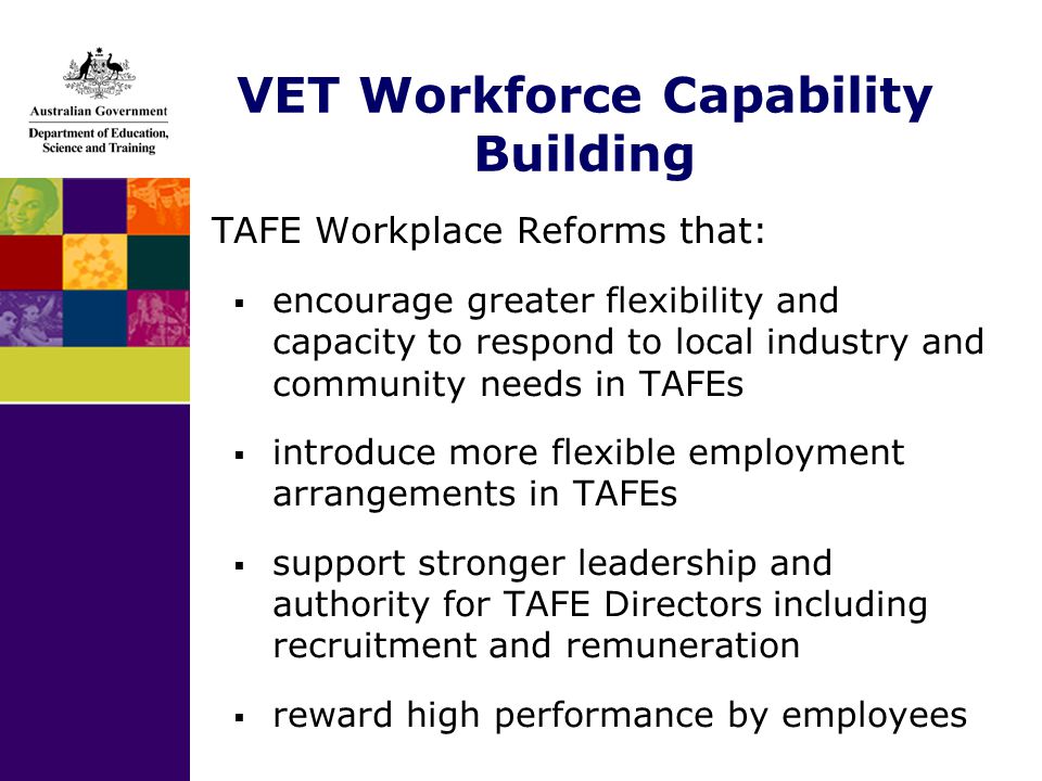 VET Workforce Capability Building TAFE Workplace Reforms that:  encourage greater flexibility and capacity to respond to local industry and community needs in TAFEs  introduce more flexible employment arrangements in TAFEs  support stronger leadership and authority for TAFE Directors including recruitment and remuneration  reward high performance by employees
