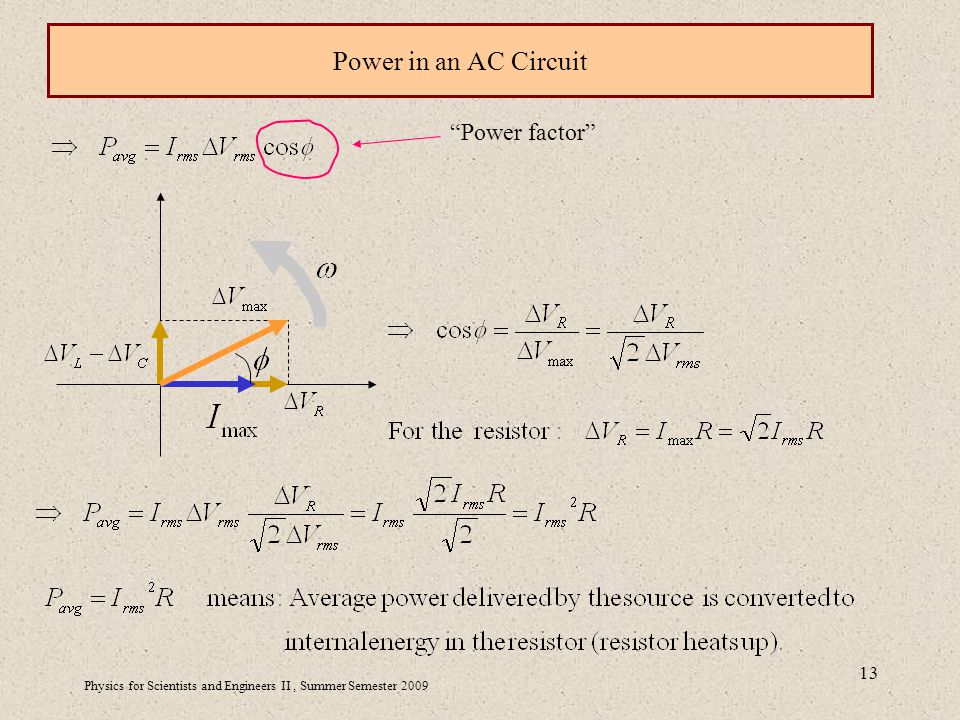 Physics for Scientists and Engineers II, Summer Semester Power in an AC Circuit Power factor