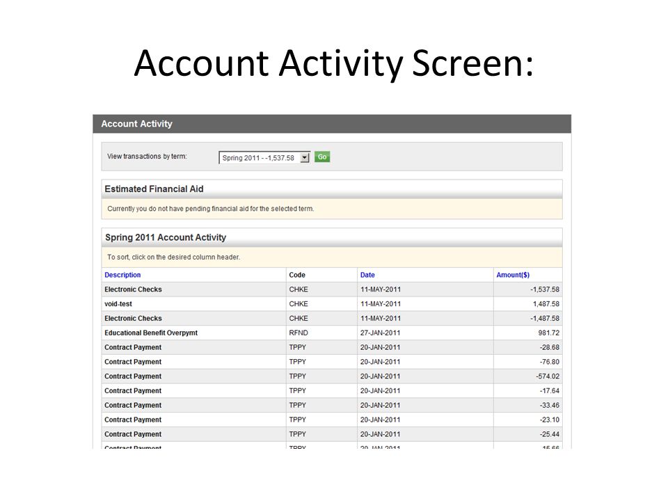 Account Activity Screen: