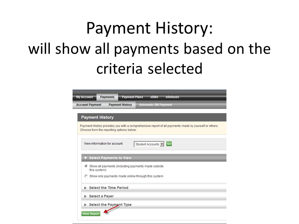 Payment History: will show all payments based on the criteria selected