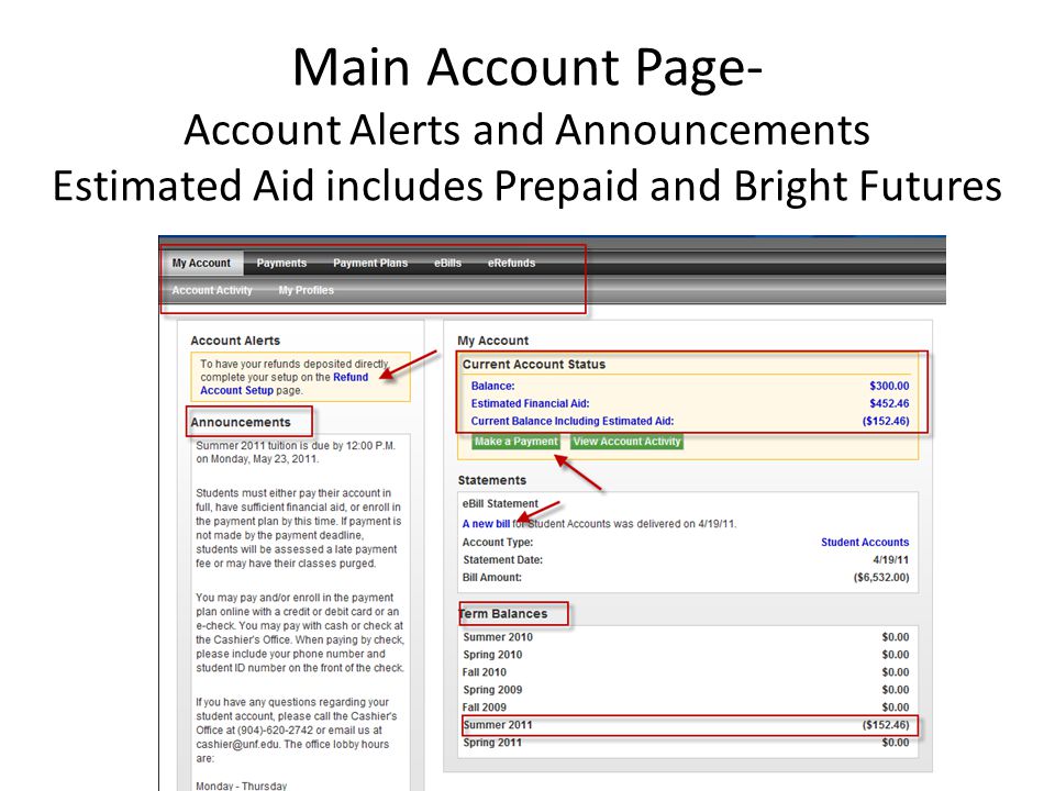 Main Account Page- Account Alerts and Announcements Estimated Aid includes Prepaid and Bright Futures
