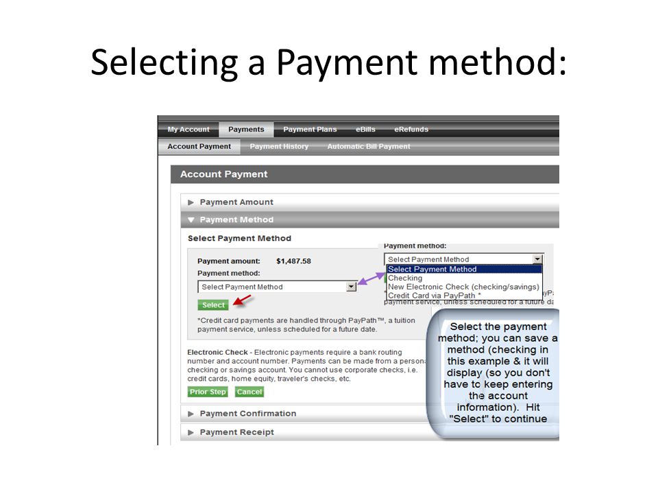 Selecting a Payment method:
