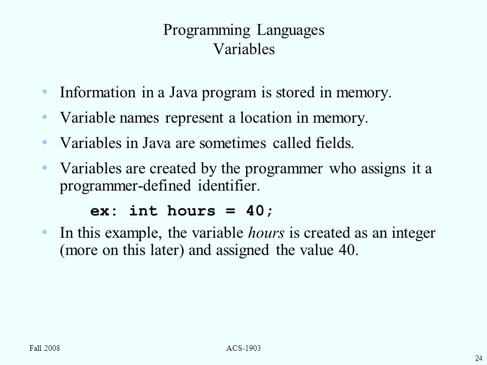 24 Fall 2008ACS-1903 Programming Languages Variables Information in a Java program is stored in memory.