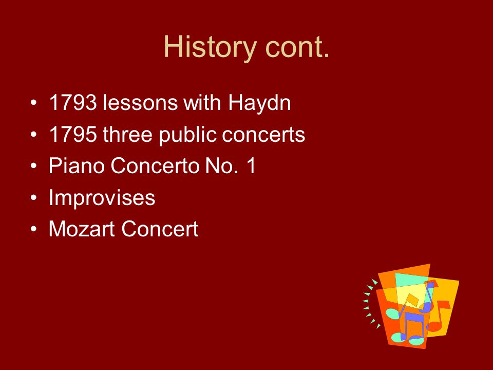 History cont lessons with Haydn 1795 three public concerts Piano Concerto No.