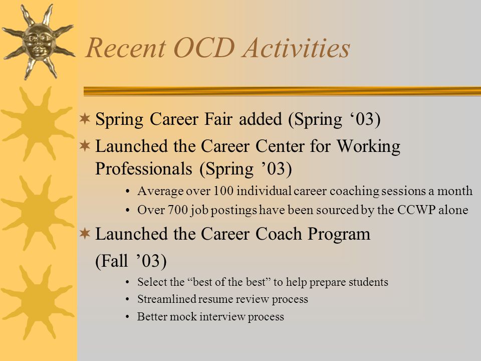 Recent OCD Activities  Spring Career Fair added (Spring ‘03)  Launched the Career Center for Working Professionals (Spring ’03) Average over 100 individual career coaching sessions a month Over 700 job postings have been sourced by the CCWP alone  Launched the Career Coach Program (Fall ’03) Select the best of the best to help prepare students Streamlined resume review process Better mock interview process
