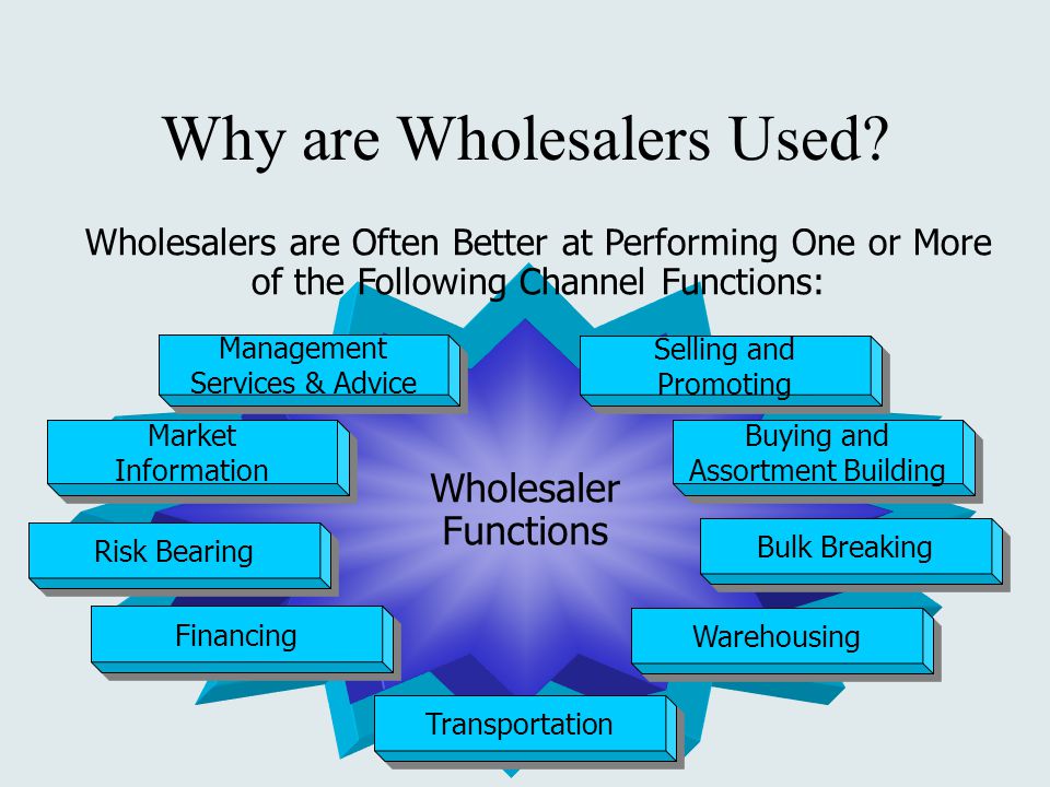 Wholesaler Functions Management Services & Advice Management Services & Advice Selling and Promoting Selling and Promoting Market Information Market Information Buying and Assortment Building Buying and Assortment Building Risk Bearing Bulk Breaking Transportation Financing Warehousing Wholesalers are Often Better at Performing One or More of the Following Channel Functions: Why are Wholesalers Used