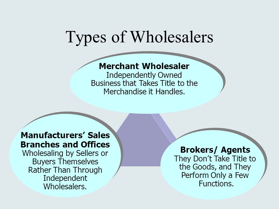 Types of Wholesalers Merchant Wholesaler Independently Owned Business that Takes Title to the Merchandise it Handles.