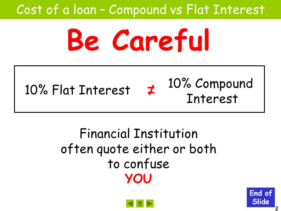 2 Cost of a loan – Compound vs Flat Interest End of Slide Be Careful 10% Flat Interest ≠ 10% Compound Interest Financial Institution often quote either or both to confuse YOU