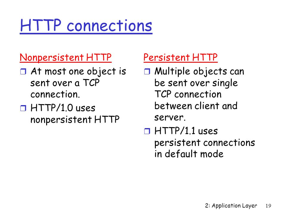 2: Application Layer19 HTTP connections Nonpersistent HTTP r At most one object is sent over a TCP connection.