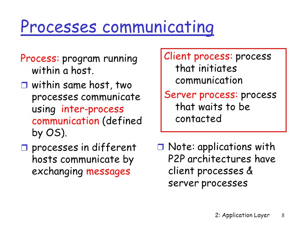 2: Application Layer8 Processes communicating Process: program running within a host.