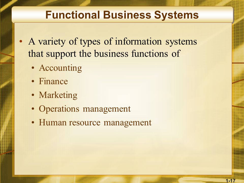 1-17 Functional Business Systems A variety of types of information systems that support the business functions of Accounting Finance Marketing Operations management Human resource management