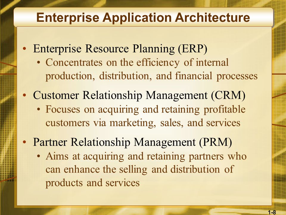 1-8 Enterprise Application Architecture Enterprise Resource Planning (ERP) Concentrates on the efficiency of internal production, distribution, and financial processes Customer Relationship Management (CRM) Focuses on acquiring and retaining profitable customers via marketing, sales, and services Partner Relationship Management (PRM) Aims at acquiring and retaining partners who can enhance the selling and distribution of products and services
