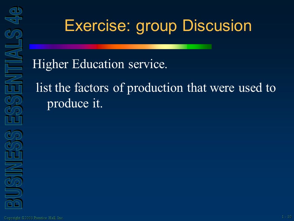 Copyright ©2003 Prentice Hall, Inc Exercise: group Discusion Higher Education service.